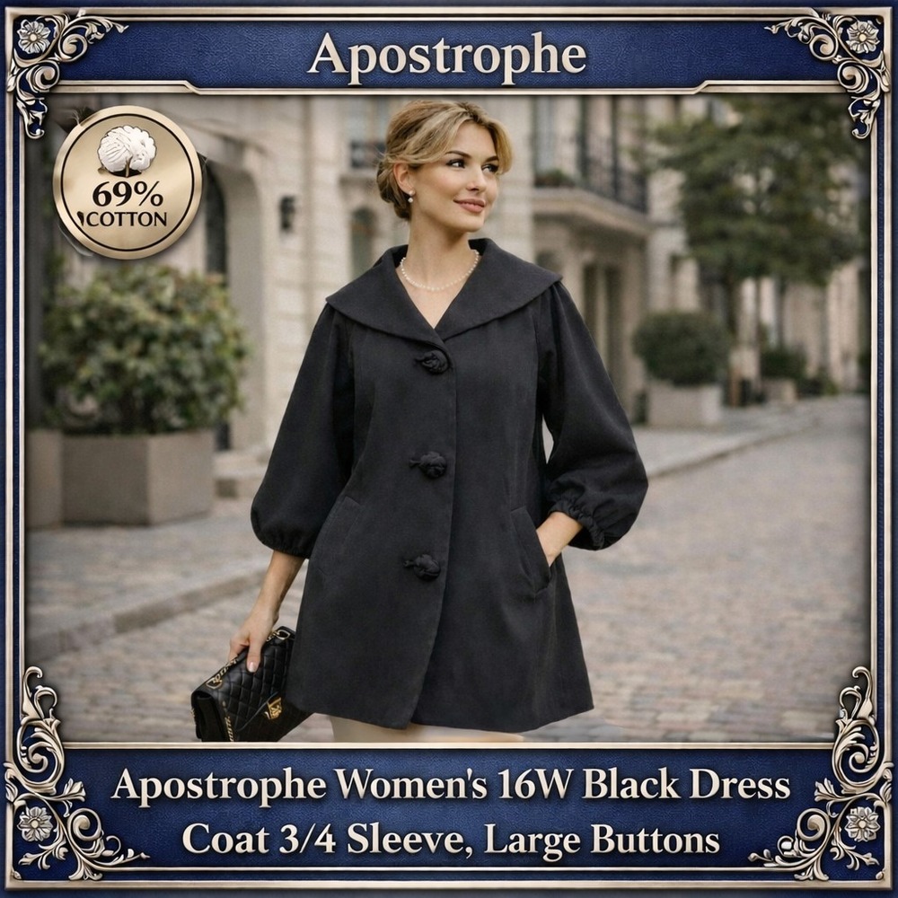 Apostrophe Woman 16W Black‎ Cotton Blend Dress Coat 3/4 Sleeve Large Buttons